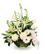 Basket arrangement of mixed white flowers